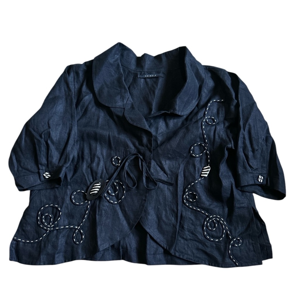 Animale Paris Black Linen Art To Wear Lagenlook Cropped 3/4 Sleeve Jacket Size 6